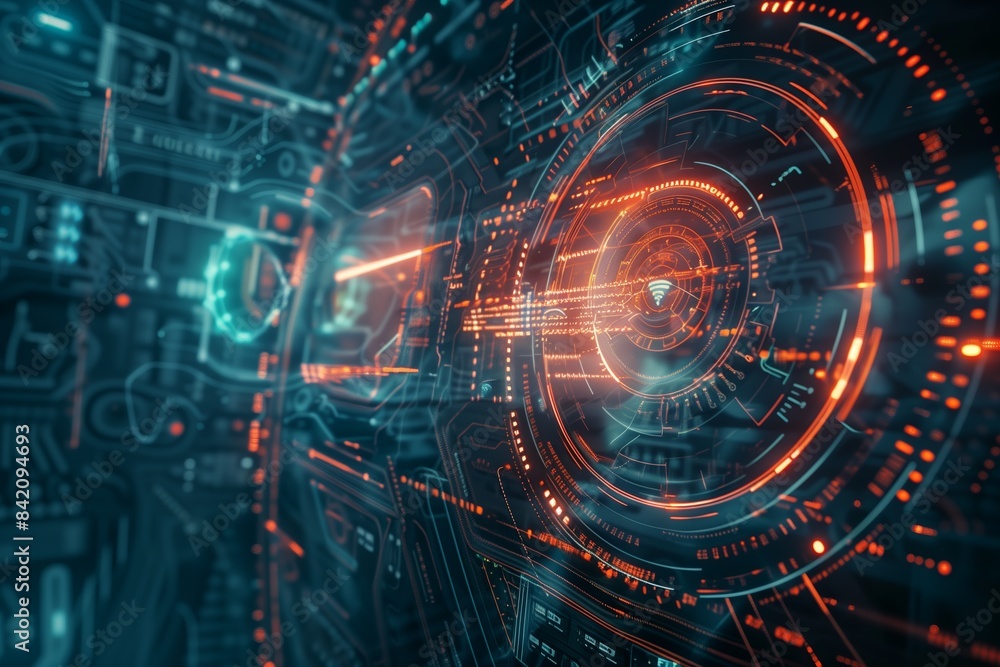 Fototapeta premium Futuristic HUD interface with glowing orange and blue elements, representing advanced digital technology and data analytics
