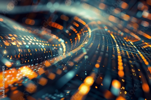 Flowing data streams with orange and blue light patterns, representing the dynamic flow of information in a futuristic digital landscape