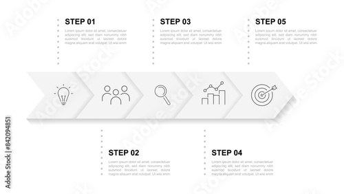 A sequential infographic of 5 consecutive stages or steps, options with modern icons reflecting the process. Modern infographics for business presentations