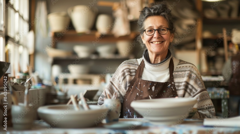 Smiling Female Potter in Ceramics Workshop Surrounded by Clay Creations Smiling Female Potter in Ceramics Workshop Surrounded by Clay Creations