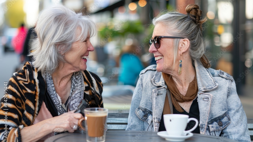 Joyful Senior Women Enjoying Coffee Together at Outdoor Cafe Joyful Senior Women Enjoying Coffee Together at Outdoor Cafe