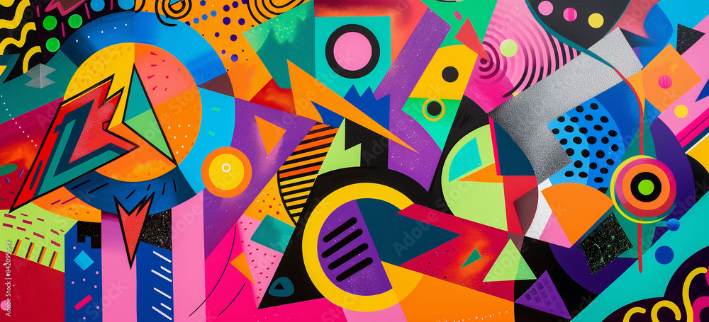 Chaotic Abstract Art with Neon Geometric Shapes