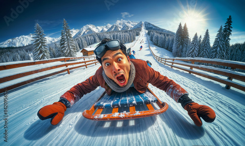 A Man’s Comical and Terrifying Sledding Adventure Down a Snowy Alpine Slope.