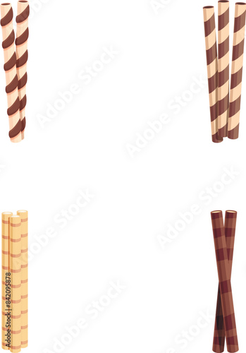 Variety of chocolate wafer sticks with different patterns on a white background