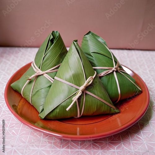 Zongzi, alkaline rice dumpling dessert, Dragon Boat Festival food with honey or sugar. photo