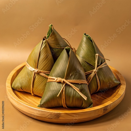 Zongzi, alkaline rice dumpling dessert, Dragon Boat Festival food with honey or sugar. photo