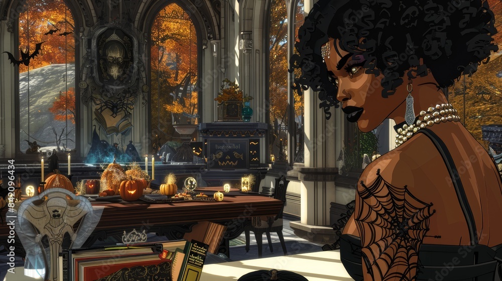 Elegant Woman at a Mystical Halloween Banquet Setting Elegant Woman at a Mystical Halloween Banquet Setting