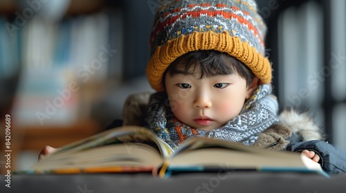 Korean child reading storybook cut out an isolated minimalistic background