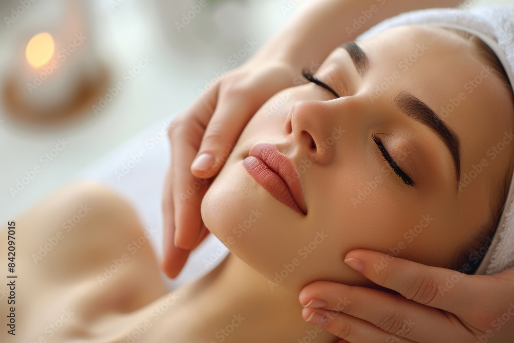 Tranquil spa sanctuary: woman indulging in serene facial massage Tranquil spa sanctuary: woman indulging in serene facial massage