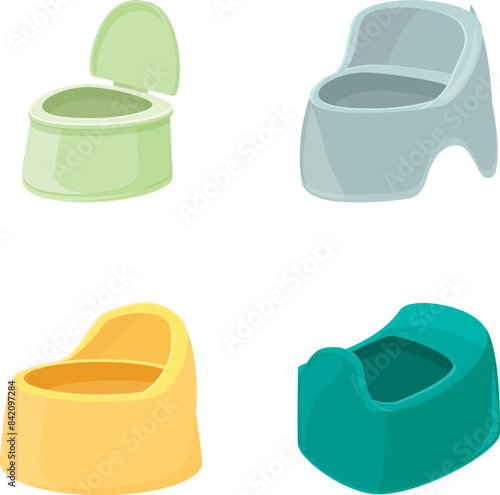 Collection of four colorful potty chairs designed for toddler toilet training