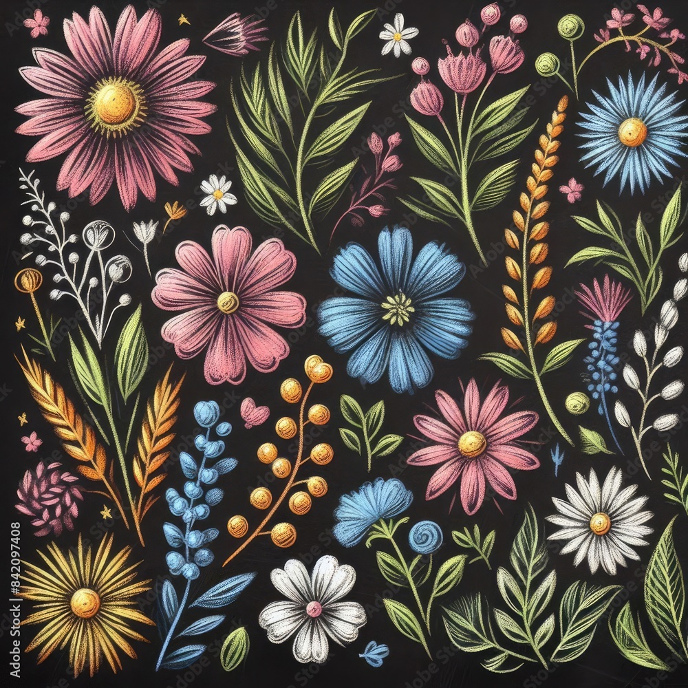 Wrapped in Colorful Creativity: Chalk Drawings of Various Blooms Wrapped in Colorful Creativity: Chalk Drawings of Various Blooms