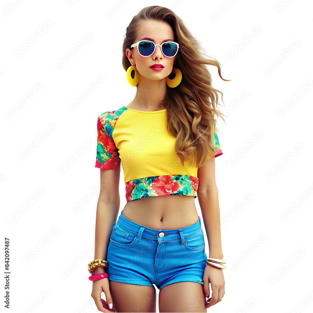 portrait of young happy blond woman model with bright makeup and colorful lips in summer clothes isolate portrait of young happy blond woman model with bright makeup and colorful lips in summer clothes isolate