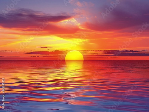 Sunset sky, bright shades of orange, red, yellow, and purple It gradually turns dark blue when it meets the horizon. 