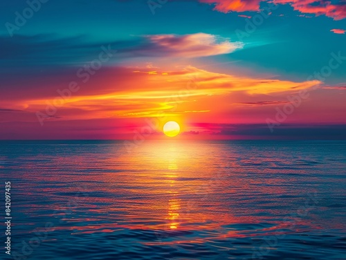 Sunset sky  bright shades of orange  red  yellow  and purple It gradually turns dark blue when it meets the horizon. 