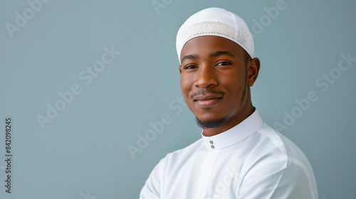 Young African Muslim man in traditional Islamic attire