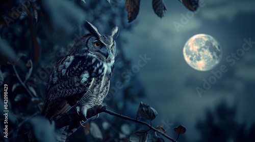 Nocturnal Owl Perched on Branch under Full Moon