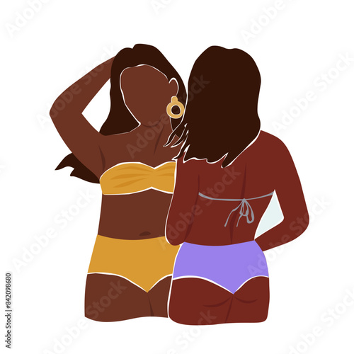 Abstract tanned girls in swimsuits. Beautiful women relax in the summer. Vector graphics.
