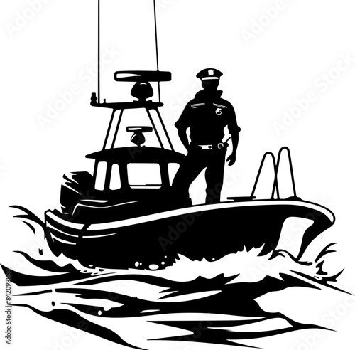 Silhouette of a Police Boat Patrolling Waves: Security and Vigilance