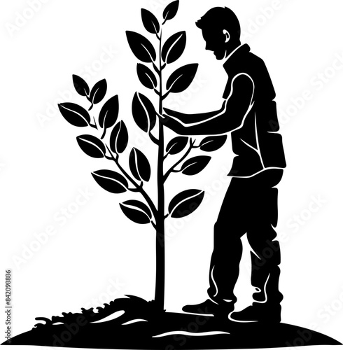 Silhouette of a Man Tending a Tree: Growth and Nurturing Nature