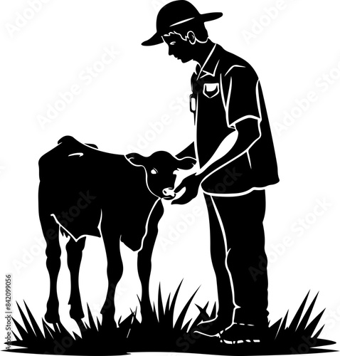 Silhouette of Farmer with Calf: Rural Compassion and Bonding