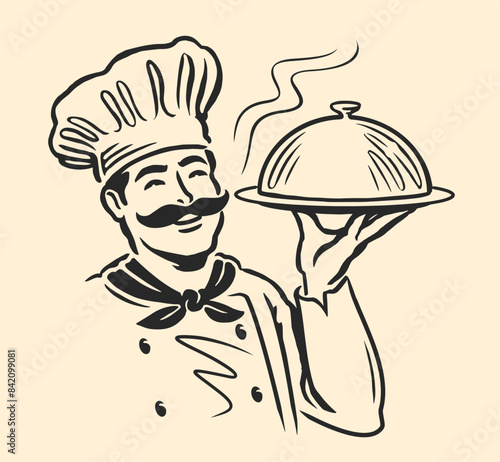 Happy chef with tray of food in hand. Vector illustration for restaurant or cafe menu. Cooking emblem or logo