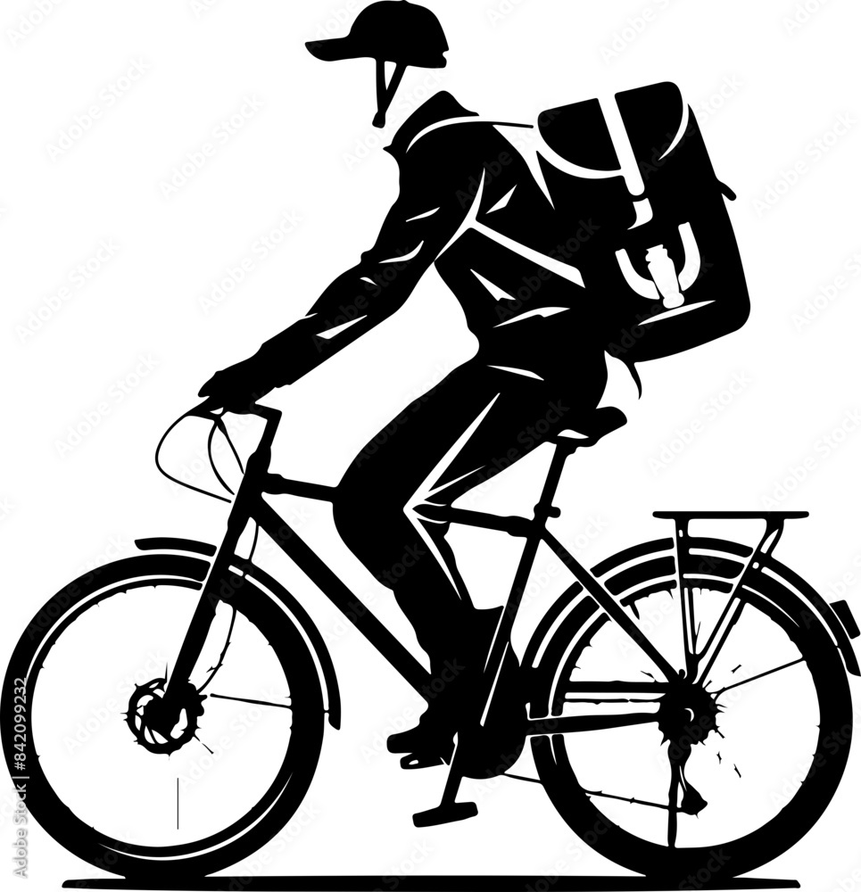 Fototapeta premium Silhouette of Cyclist with Backpack: Urban Mobility and Independence