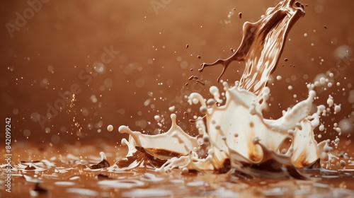 Milk and chocolate splashes on a brown background.