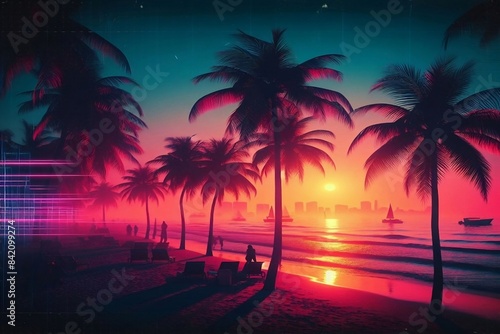 Achtziger Jahre Retro Synth Wave Landschaft: Romantischer, verträumter Sonnenuntergang am Strand mit Palmen und Miami Skyline am Himmel im Abendrot einer Sommer Nacht © AlexanderRuszczynski