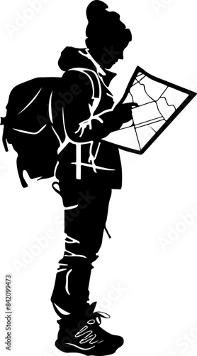 Vector of Backpacker Reading Map Representing Exploration