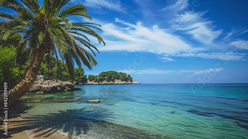 A beautiful beach with a palm tree in the foreground