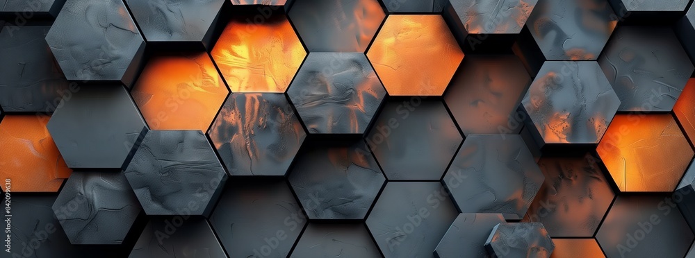 Abstract background with dark gray and orange hexagonal tiles, creating ...