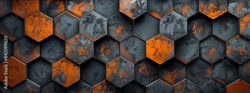 Abstract background with dark gray and orange hexagonal tiles