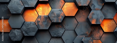 Abstract background with dark gray and orange hexagonal tiles, creating an industrial wallpaper design