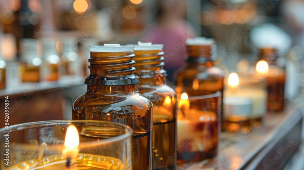 Amber Glass Bottles and Candles in a Cozy Evening Ambiance