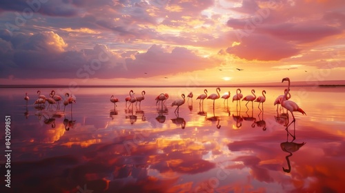 Flamingo Colony in Pink Lake at Sunset with Colorful Sky © AnimalAI