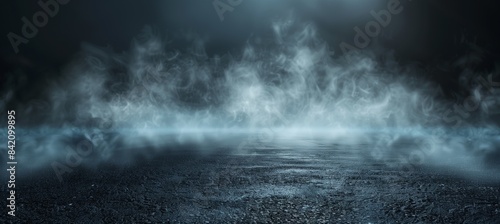 Abstract empty dark background with smoke and fog on asphalt floor  for product presentation in the style of light gray and navy blue