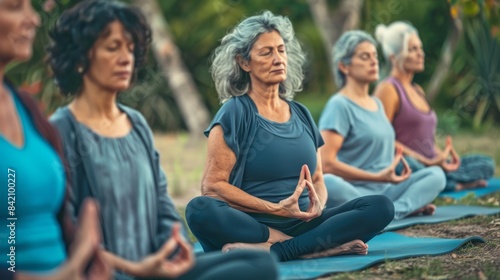 Serenity in Age: Senior Women Embracing Yoga Outdoors © Oksana Smyshliaeva