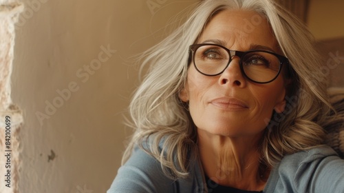 Thoughtful Senior Woman with Glasses Looking Upward in Natural Light