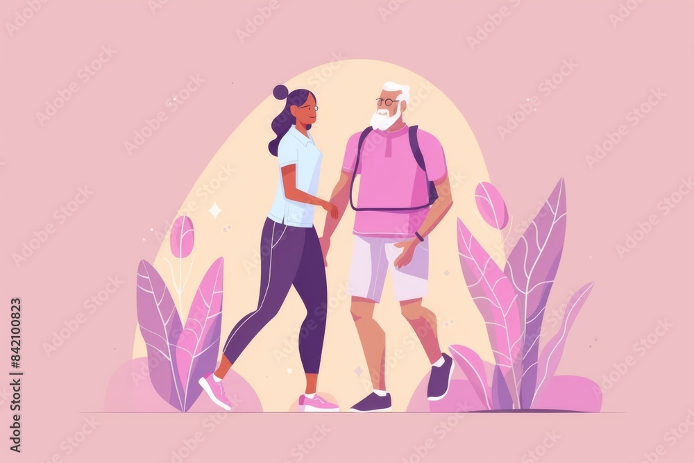 Active Senior Couple Walking Outdoors, Healthy Lifestyle Concept in Modern Minimalist Vector Illustration Active Senior Couple Walking Outdoors, Healthy Lifestyle Concept in Modern Minimalist Vector Illustration