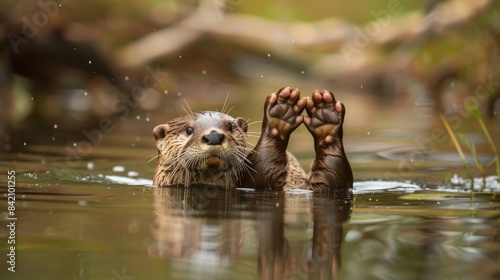 Wide-Angle Perspective of Cute Otters Holding Hands in River