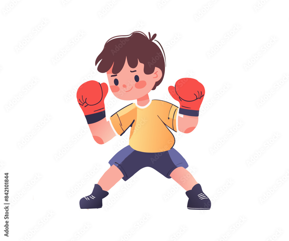 Child boy is engaged in boxing. Active sport in boxing gloves, maintaining fight and protection. Young person in moving. Vector cartoon flat illustration Child boy is engaged in boxing. Active sport in boxing gloves, maintaining fight and protection. Young person in moving. Vector cartoon flat illustration
