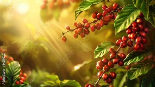 Brewing Perfection Vibrant Coffee Plant Closeup with Ripe Cherries and Raw Beans Connecting You to the Source of Your Favorite Morning PickMeUp photo