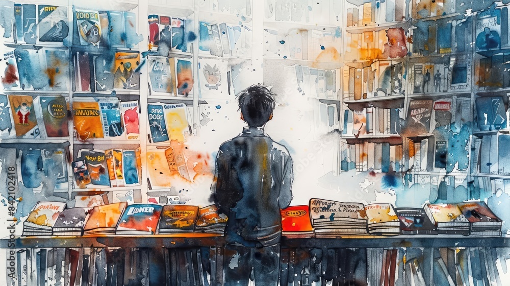 A boy standing in a library, looking at the shelves of books. The image is in a watercolor style. A boy standing in a library, looking at the shelves of books. The image is in a watercolor style.