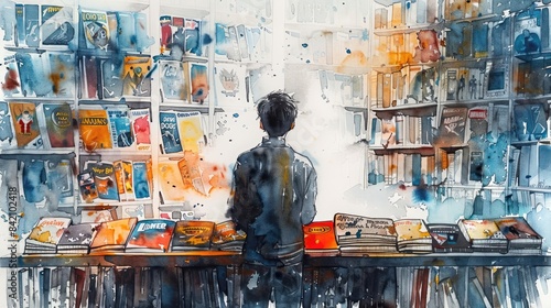 A boy standing in a library, looking at the shelves of books. The image is in a watercolor style. © pakbung