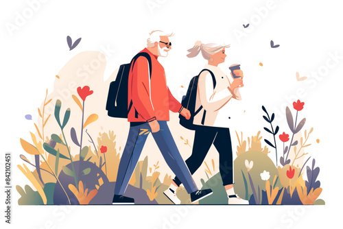 Senior man and woman walk on nature in park. Healthy lifestyle of pair family. An elderly person moves towards longevity and well-being. Vector cartoon illustration
