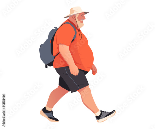 Senior man with overweight active walk. Active sports, maintaining healthy lifestyle. An elderly person moves towards longevity and well-being. Vector cartoon illustration