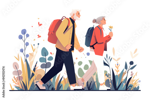 Senior man and woman walk on nature in park. Healthy lifestyle of pair family. An elderly person moves towards longevity and well-being. Vector cartoon illustration