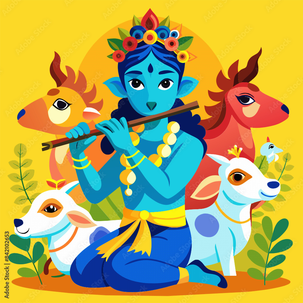 Fototapeta premium Divine Melody: Lord Krishna Playing Flute Surrounded by Cows
