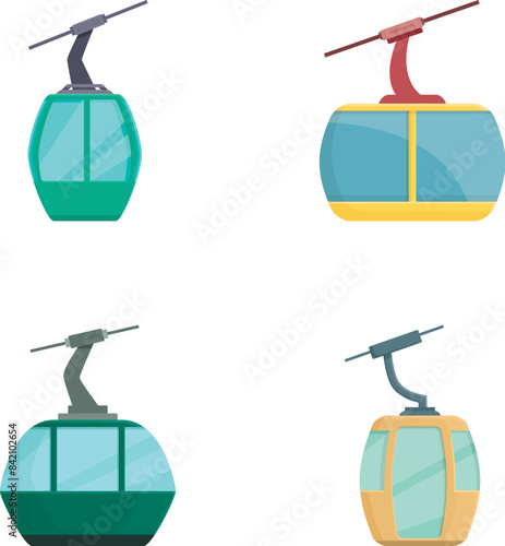 Set of four colorful cable car gondolas in a flat design style, isolated on white background