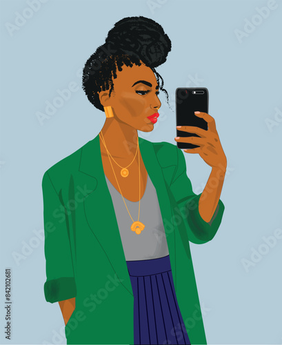 belle femme noire tresses chignon téléphone selfie mode bijoux élégante
